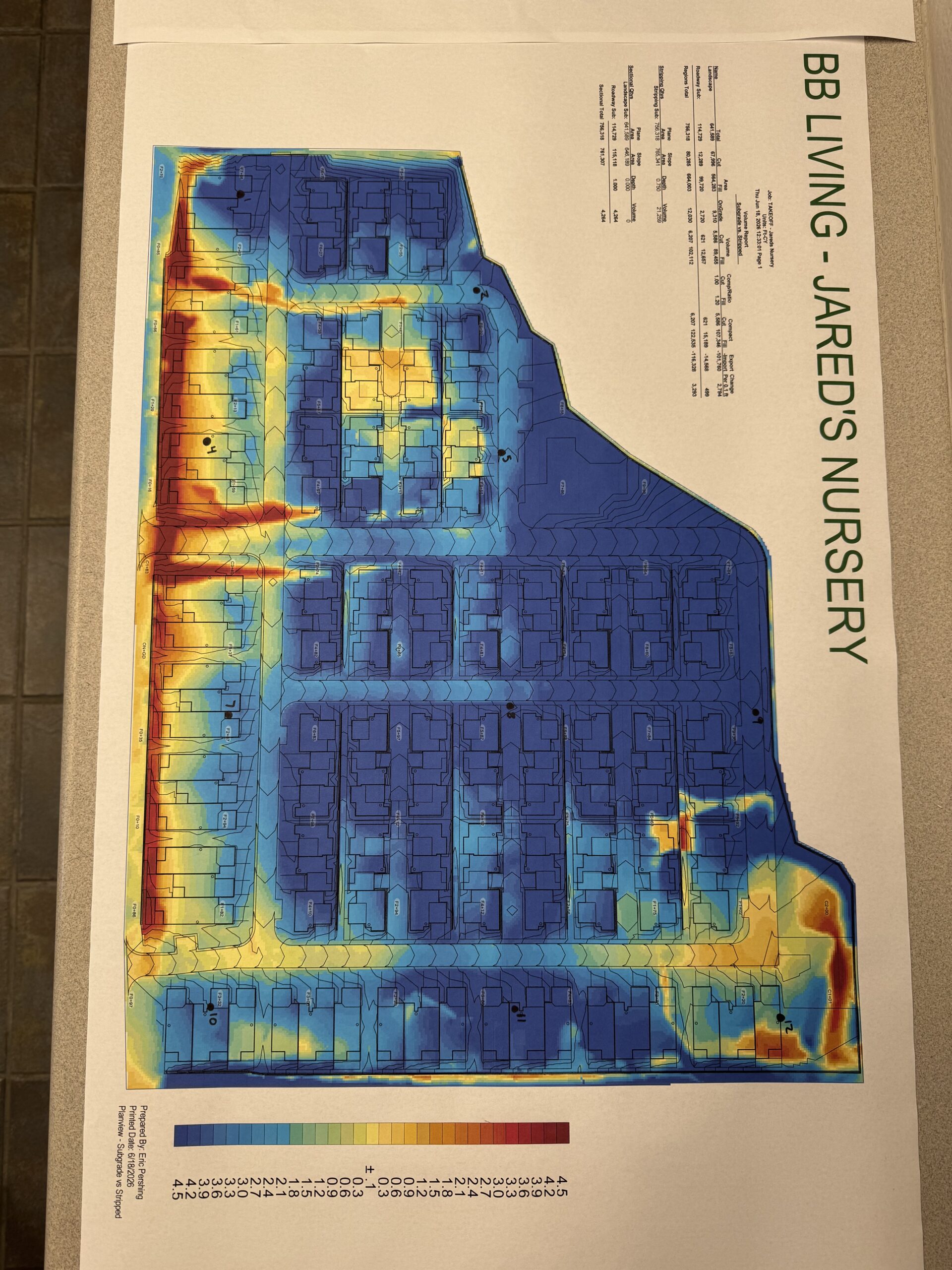 Printed color-coded earthwork site plan
